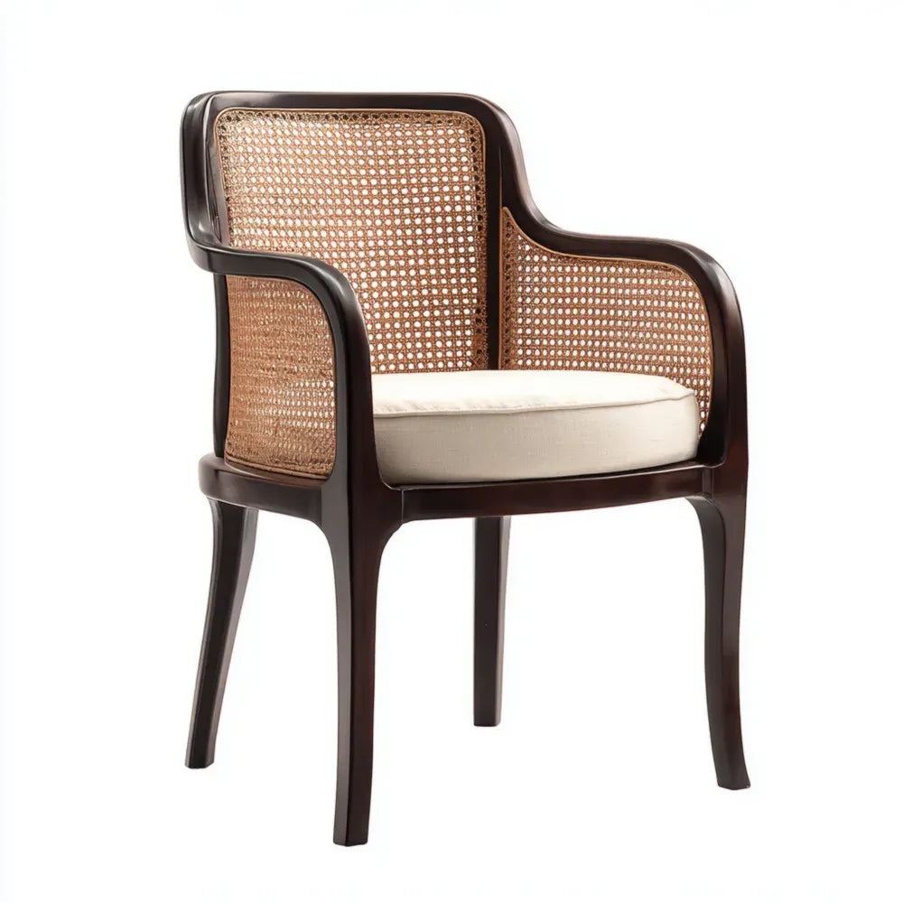 Dining Chair Wood and Rattan Frame 55x60x85 cm - Dark Brown and Ivory - Classic Design