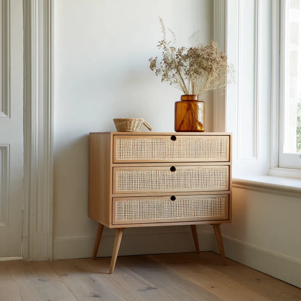 Chest of Drawers 75x40x80 cm - Oak Wood 3-Drawer - Natural Finish - Mid-Century Modern