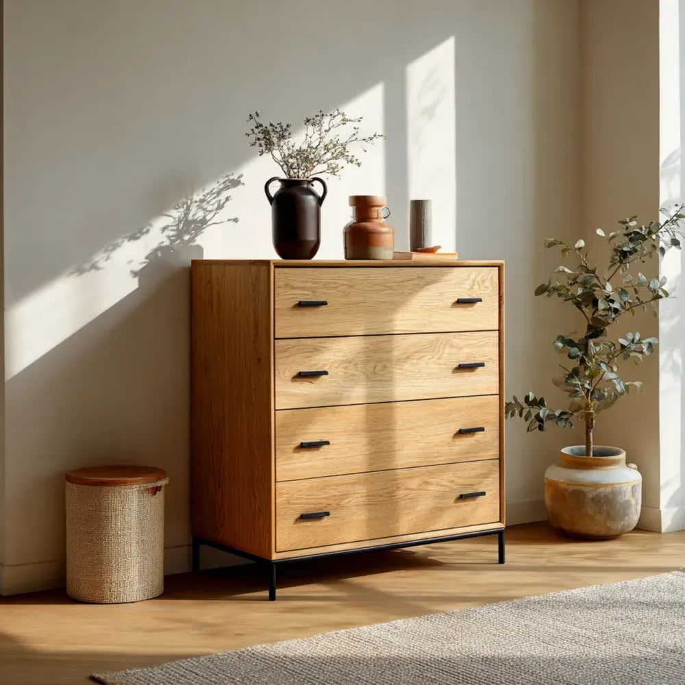 Chest of Drawers Oak Wood 80x40x90 cm 4-Drawer Storage - Natural Finish - Modern Design